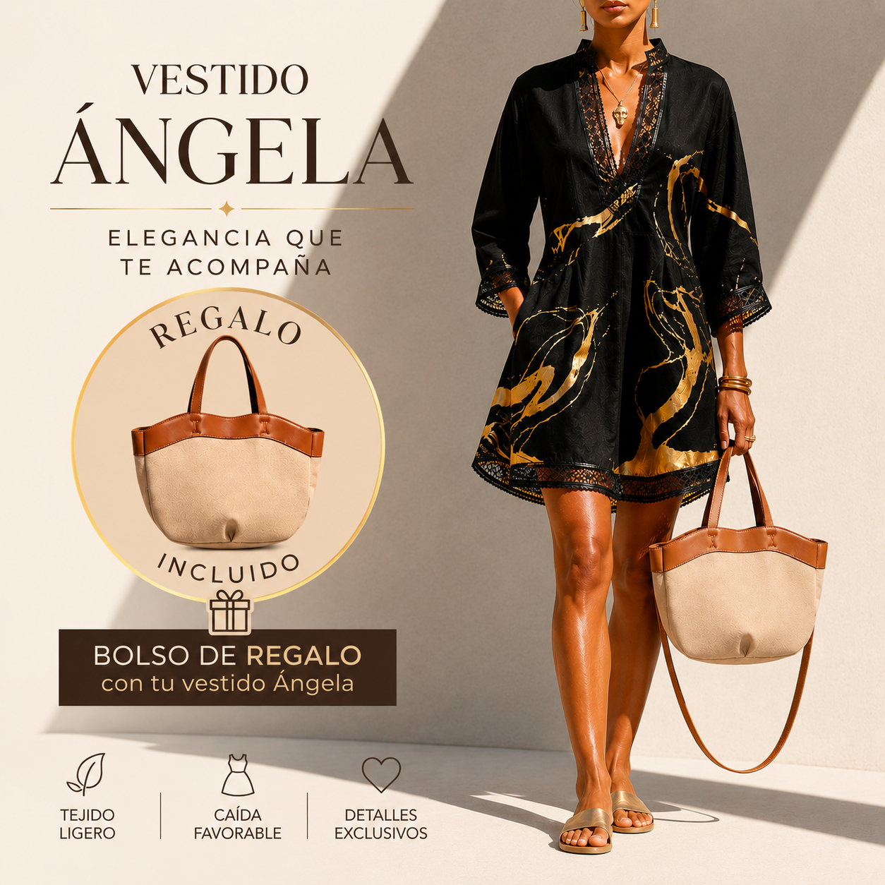 Ángela | Vestido mármol dorado con encaje crochet