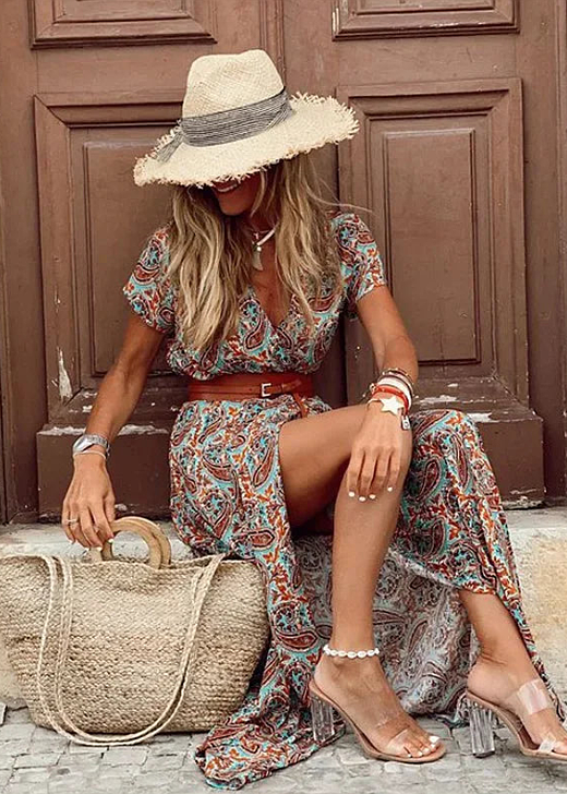 La Scintilla | VESTIDO BOHÈME LARGO CON CINTURA FRUNCIDA