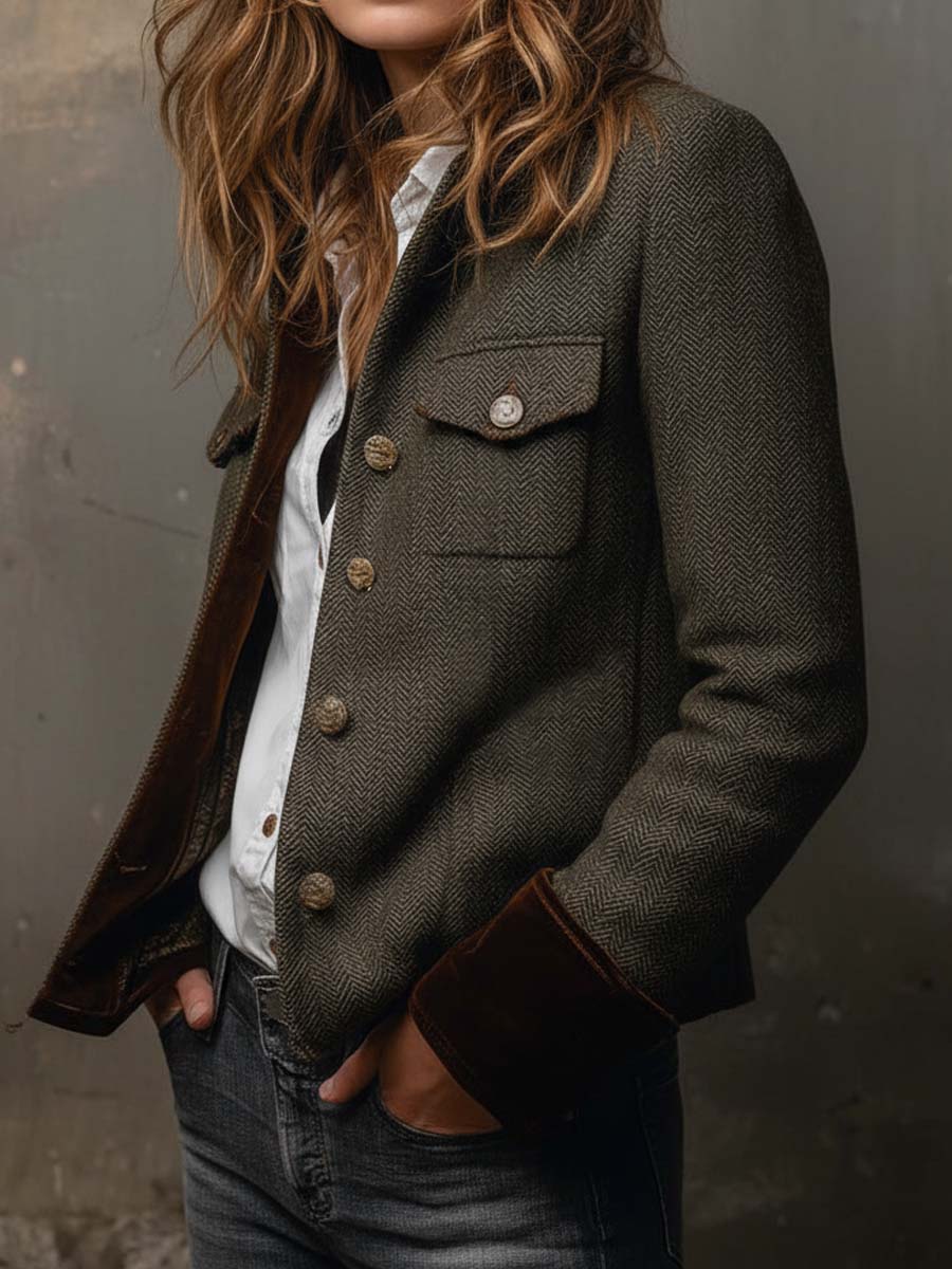 Dolores blazer verde oliva de espiga con ribete en contraste