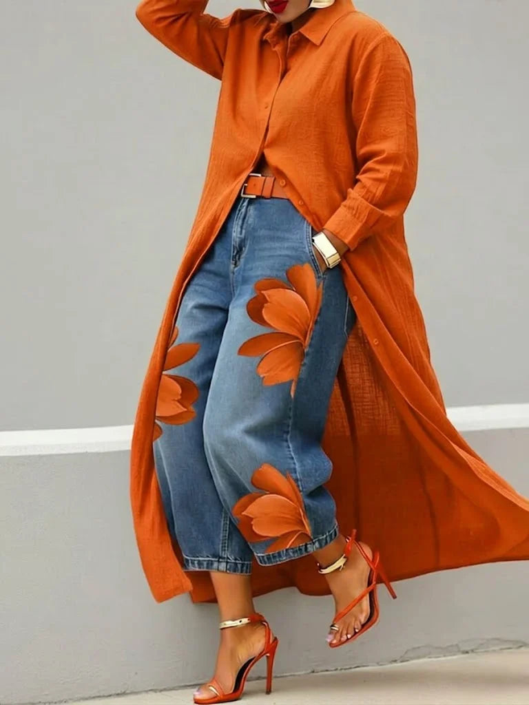 Esley | Conjunto de camisa larga y vaqueros estampados