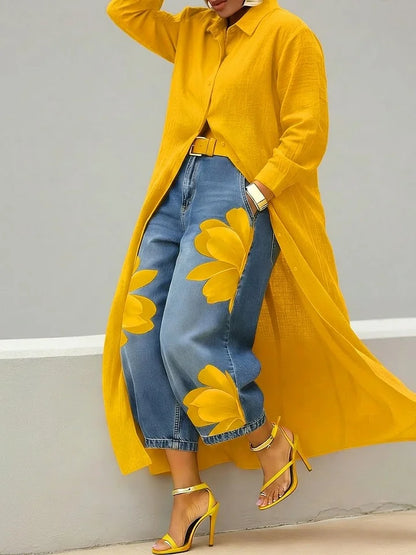 Esley | Conjunto de camisa larga y vaqueros estampados