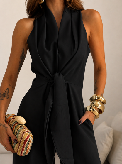 Valentina | Mono Halter con lazo frontal y corte wide-leg palazzo