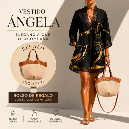 Ángela | Vestido mármol dorado con encaje crochet