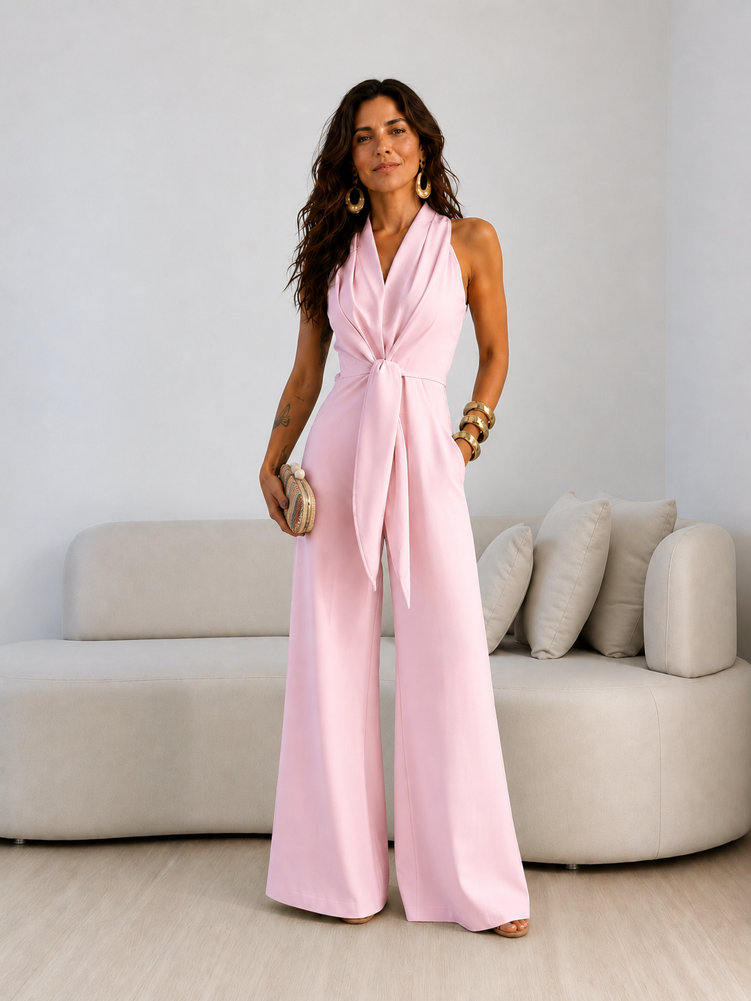 Valentina | Mono Halter con lazo frontal y corte wide-leg palazzo