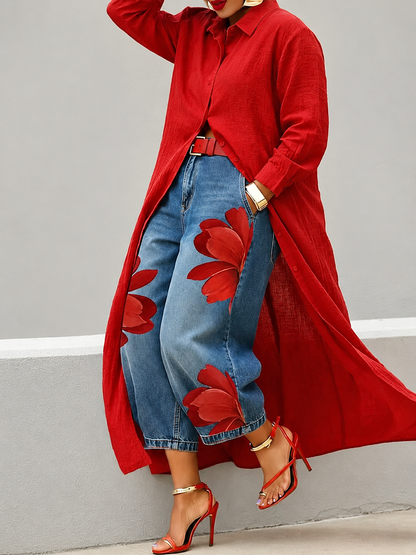 Esley | Conjunto de camisa larga y vaqueros estampados