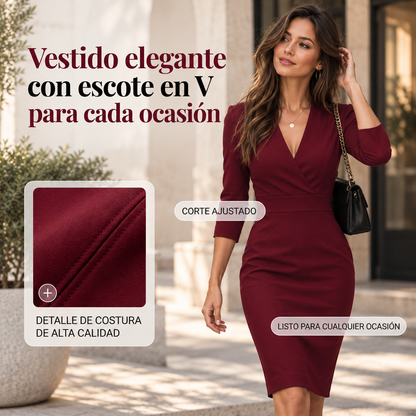 Vestido elegante ajustado con cuello alto y escote en V