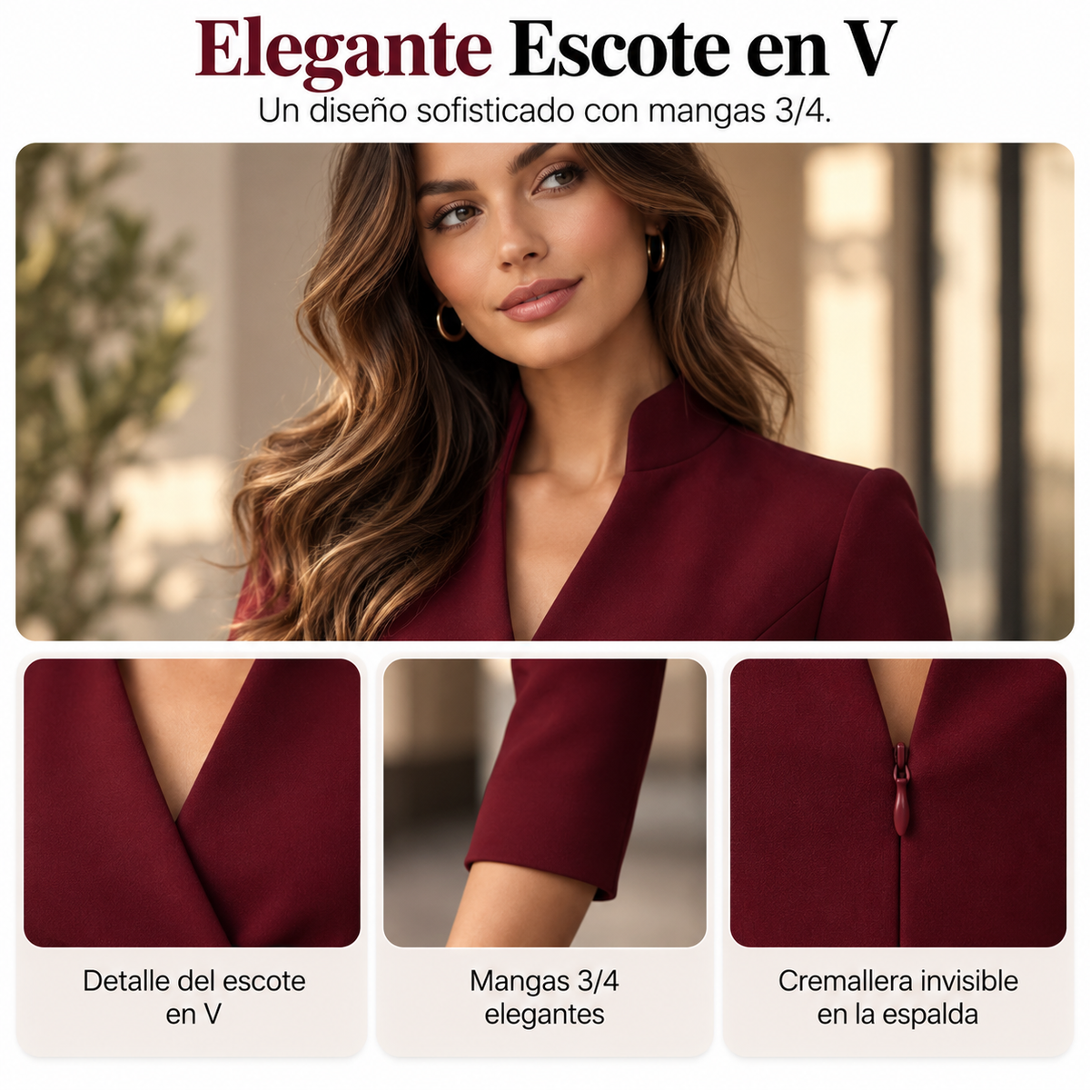 Vestido elegante ajustado con cuello alto y escote en V