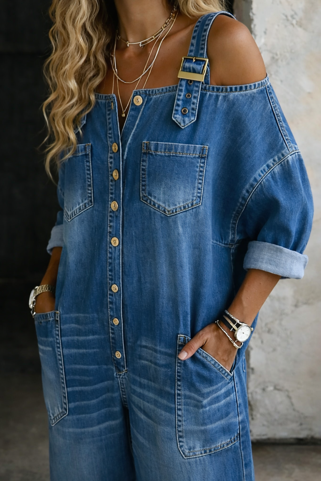 Sofía | Mono denim con hombros descubiertos