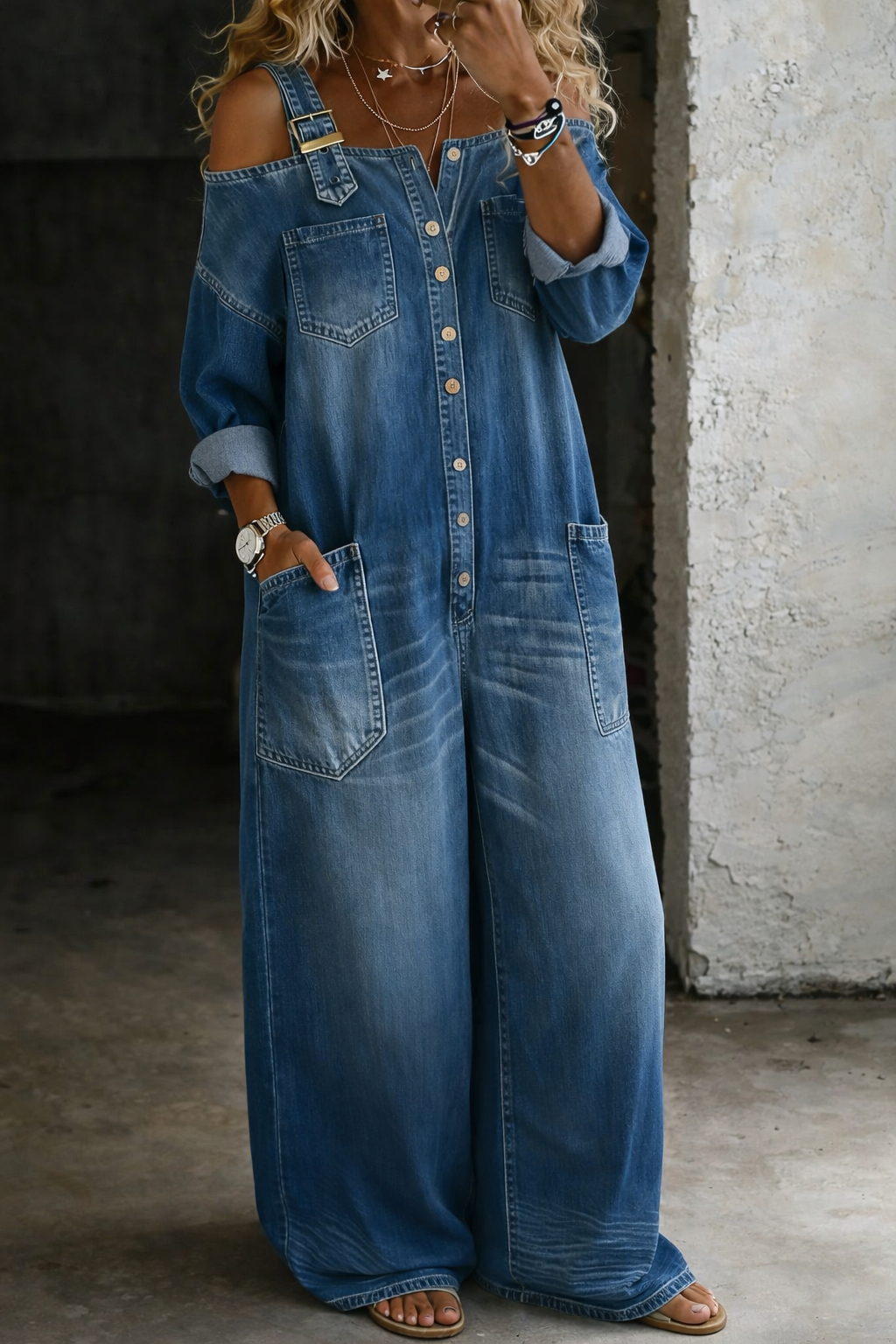 Carol | Mono de denim con hombros descubiertos