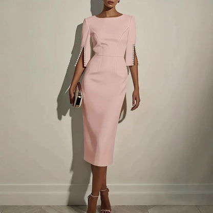 La Scintilla | VESTIDO ELEGANTE CON MANGAS ABIERTAS EMBELLECIDAS CON PERLAS