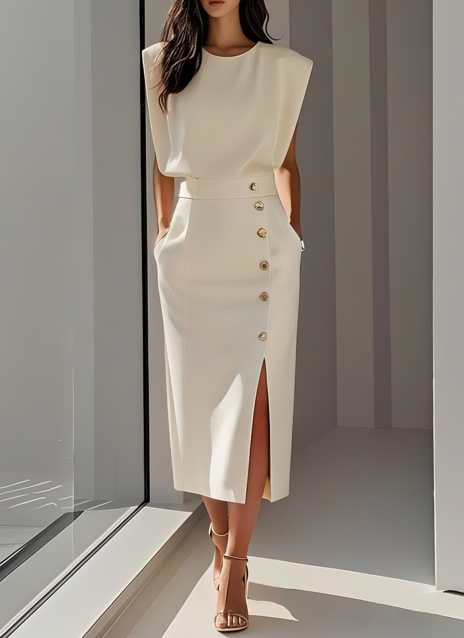 La Scintilla | Vestido Midi Ajustado con Detalles en Botones Dorados