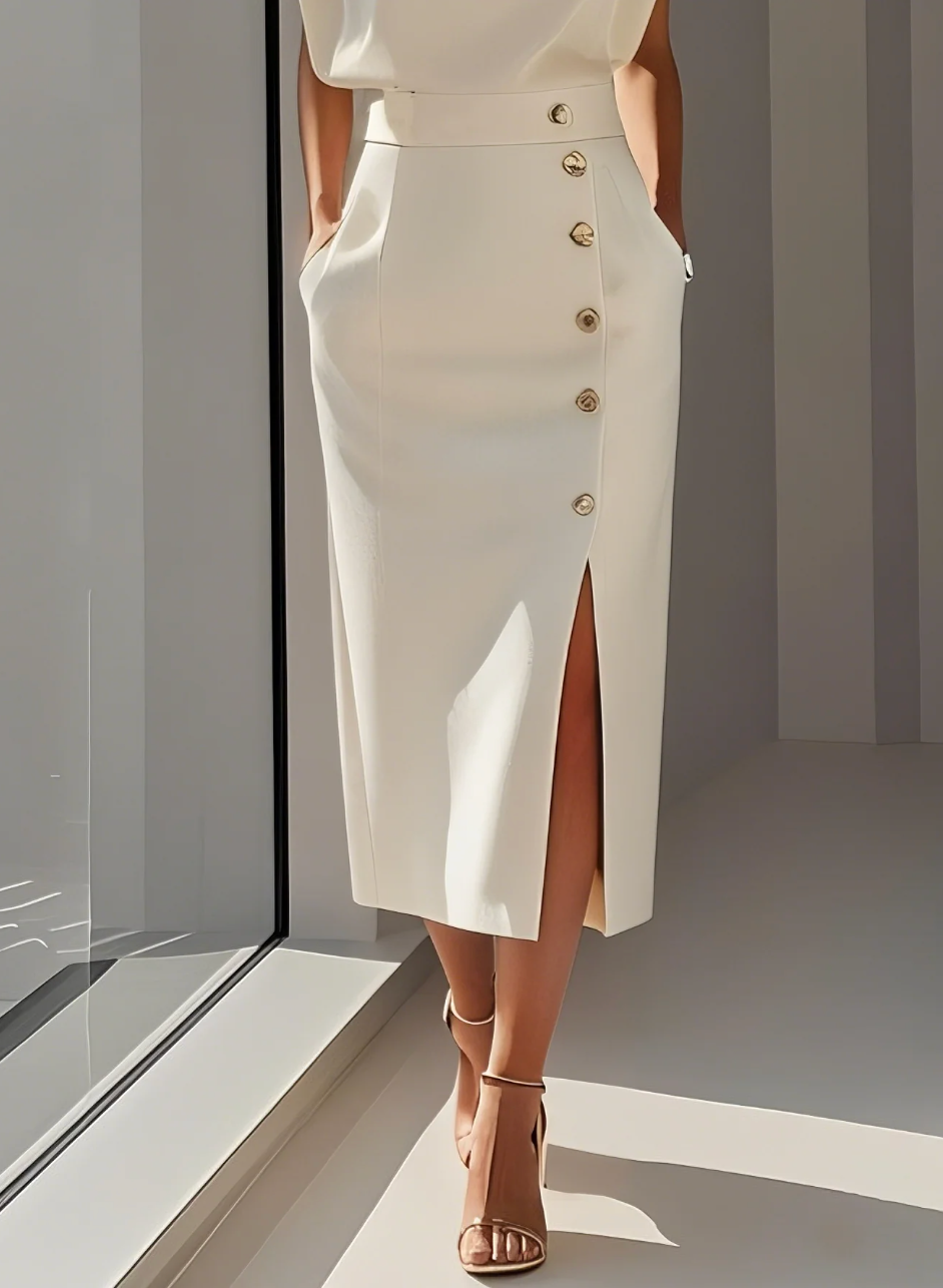 La Scintilla | Vestido Midi Ajustado con Detalles en Botones Dorados