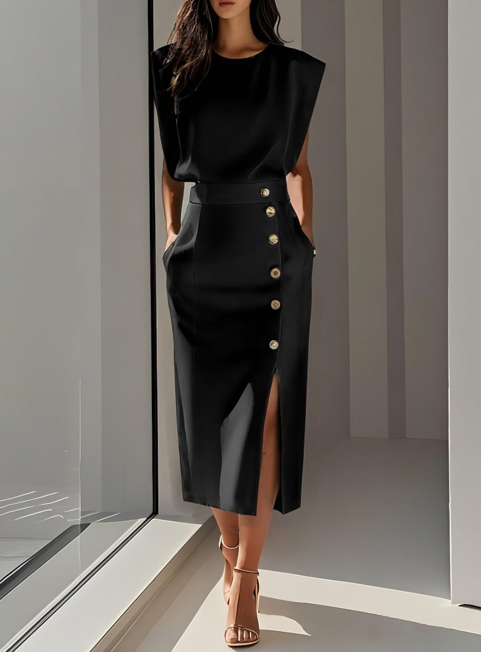 La Scintilla | Vestido Midi Ajustado con Detalles en Botones Dorados