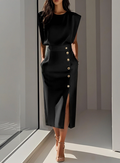 La Scintilla | Vestido Midi Ajustado con Detalles en Botones Dorados