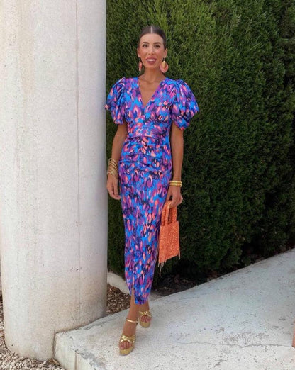Aurora™ | Vestido Midi Vibrante con Mangas Abullonadas