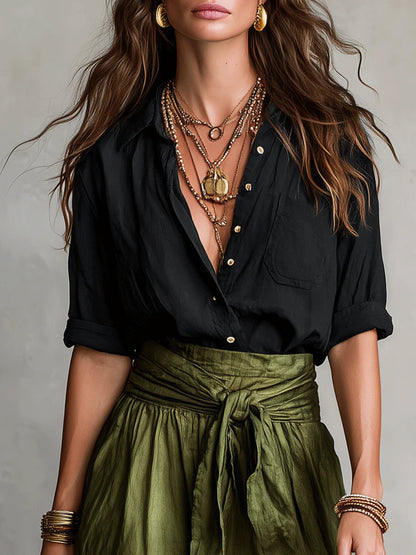 Vera™ | Set de Dos Piezas: Camiseta Negra y Falda Midi Verde Oliva