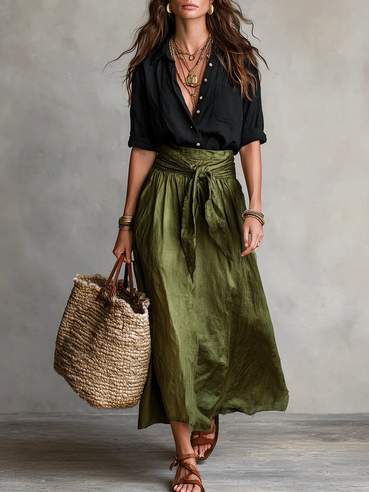 Vera™ | Set de Dos Piezas: Camiseta Negra y Falda Midi Verde Oliva