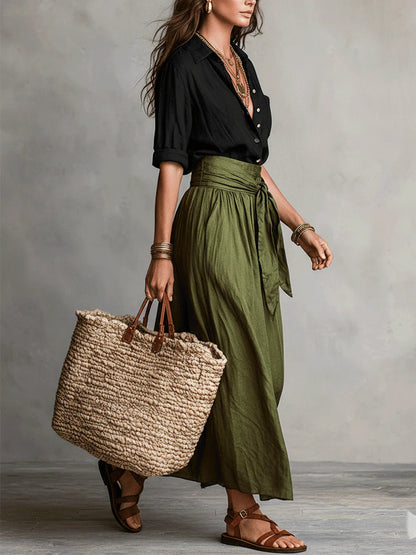 Vera™ | Set de Dos Piezas: Camiseta Negra y Falda Midi Verde Oliva
