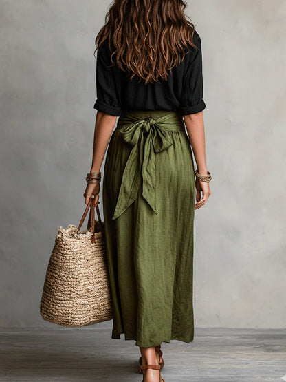 Vera™ | Set de Dos Piezas: Camiseta Negra y Falda Midi Verde Oliva