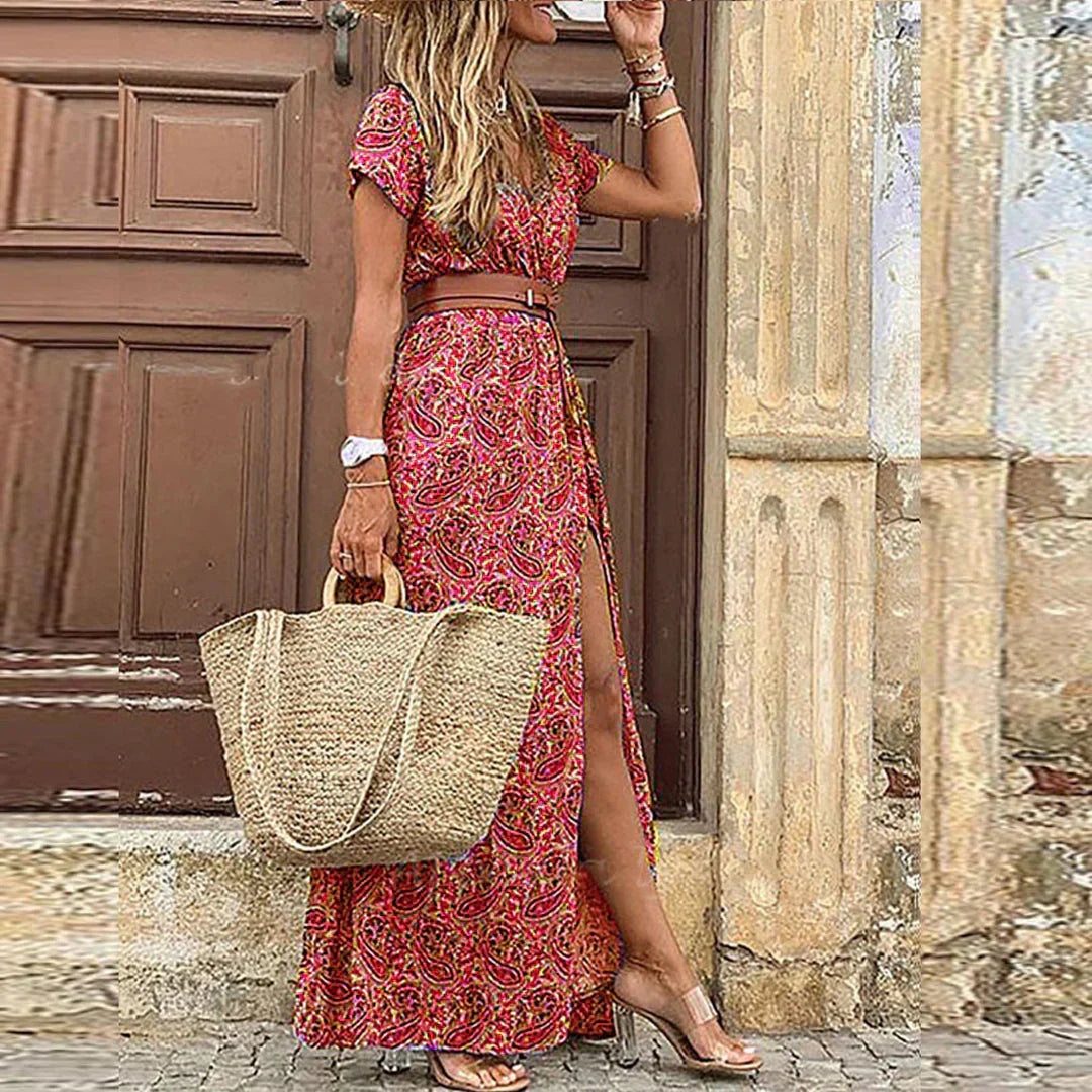 La Scintilla | VESTIDO BOHÈME LARGO CON CINTURA FRUNCIDA