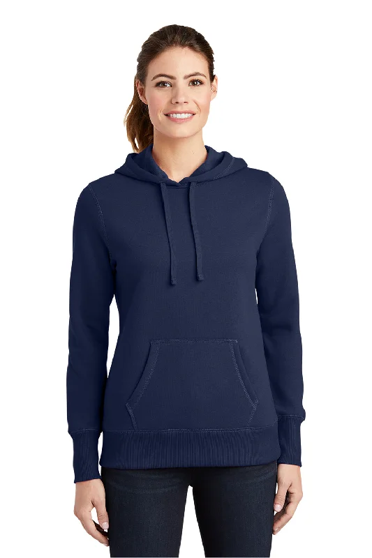 Sport-Tek Womens Shrink Resistant Fleece Hooded Sweatshirt Hoodie w/ Pouch Pocket - True Navy Blue