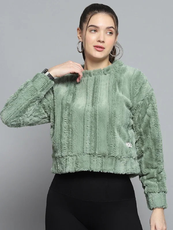 Women Green Solid Round Neck Full Sleeve Sweatshirt