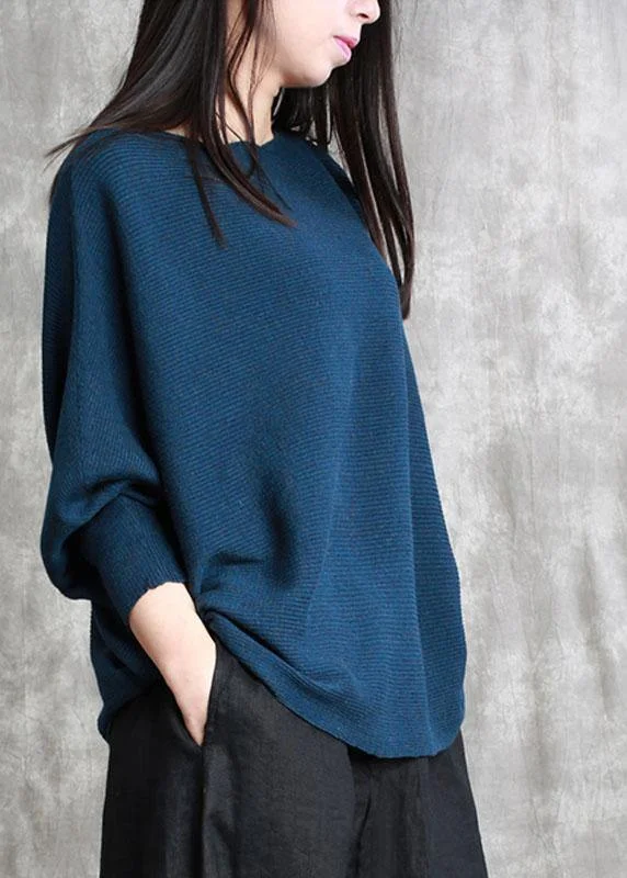 Blue Casual Bat wing Sleeve Slash neck Fall Sweater