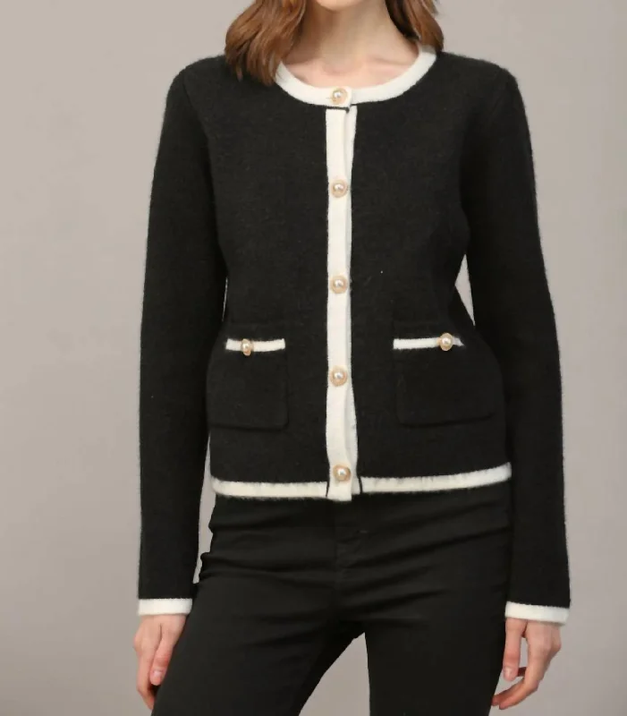 Color Block Cardigan With Pearl Button In Black/cream