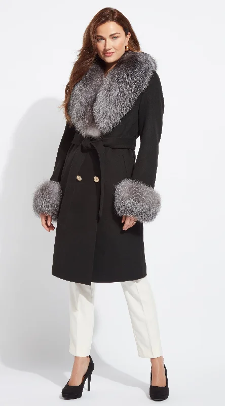 Supreme Luxy Cashmere & Fox Fur Belted Coat - Black & Silver