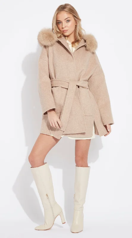 The London Cashmere & Fox Fur Belted Coat - Golden Beige