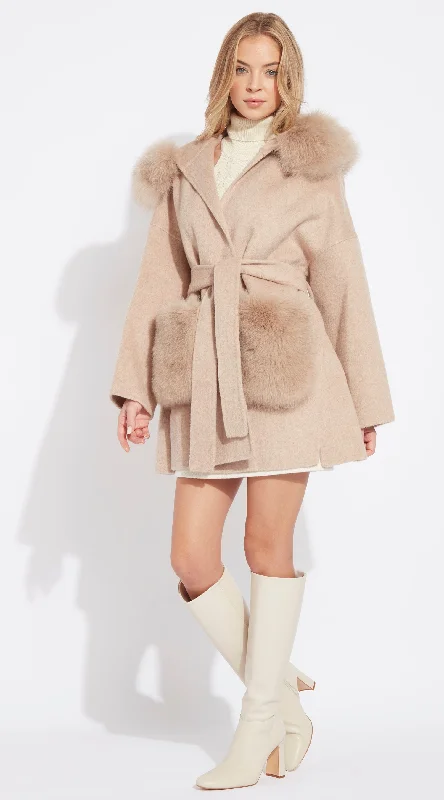 The London Cashmere & Fox Fur Hood & Pockets Belted Coat - Golden Beige