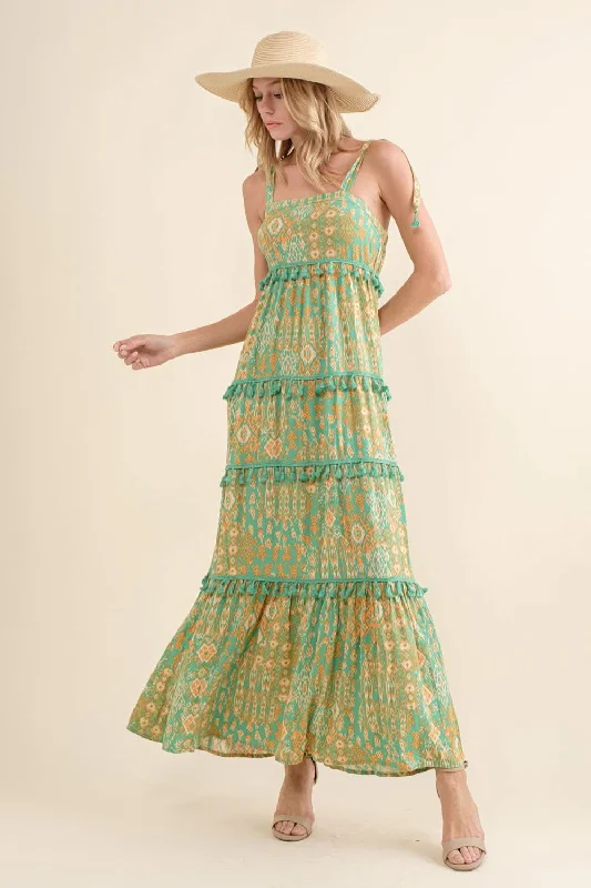 Seafoam Aztec Tiered Tassel Maxi Dress