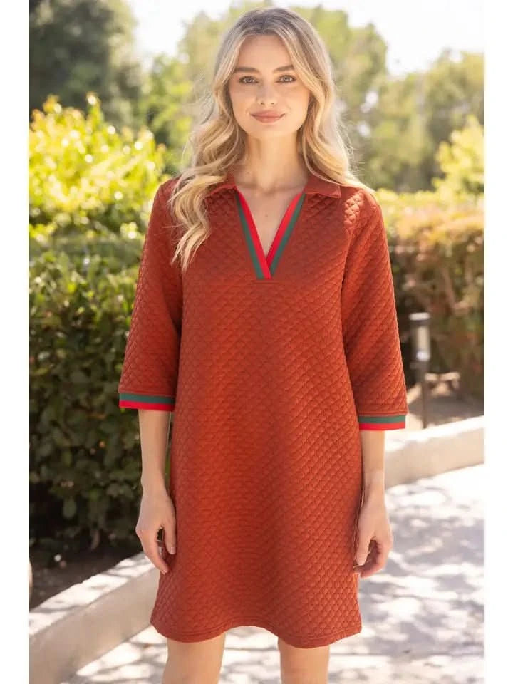 Rust Knit Detailed Collard Shift Dress