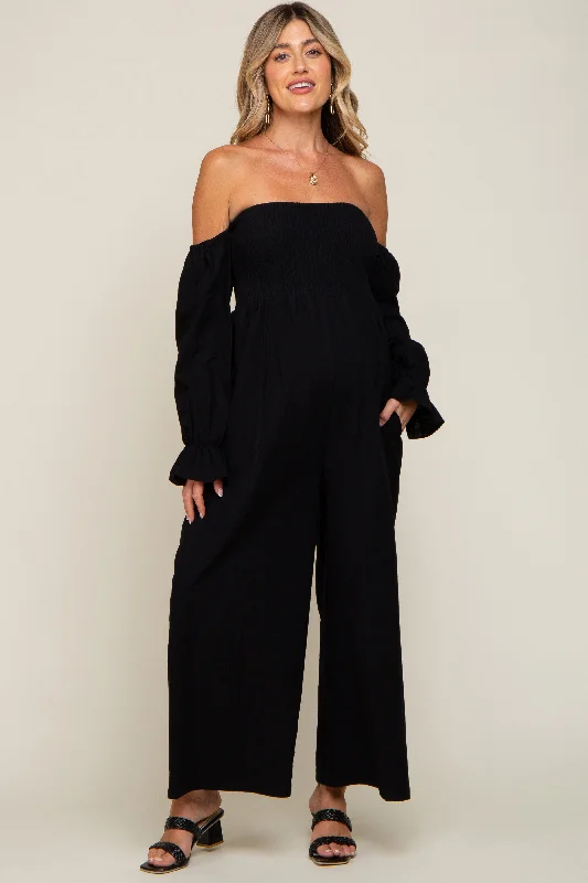 Black Linen Smocked Off Shoulder Wide Leg Maternity Jumpsuit