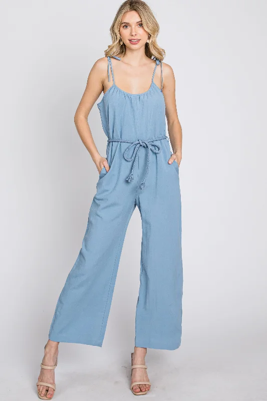 Blue Shoulder Tie Linen Jumpsuit