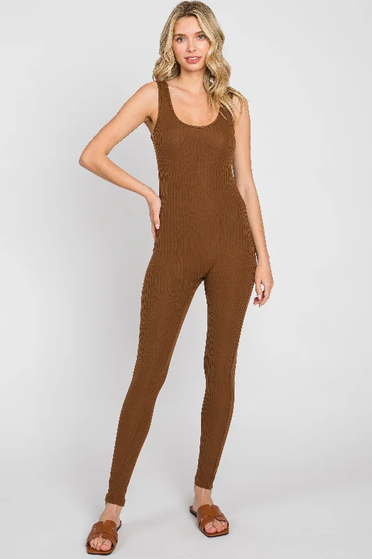 Brown Ribbed Bodycon Jumpsuit