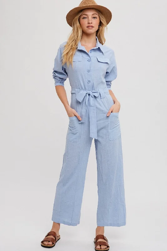 Chambray Button Down Tie-Waist Shirt Jumpsuit