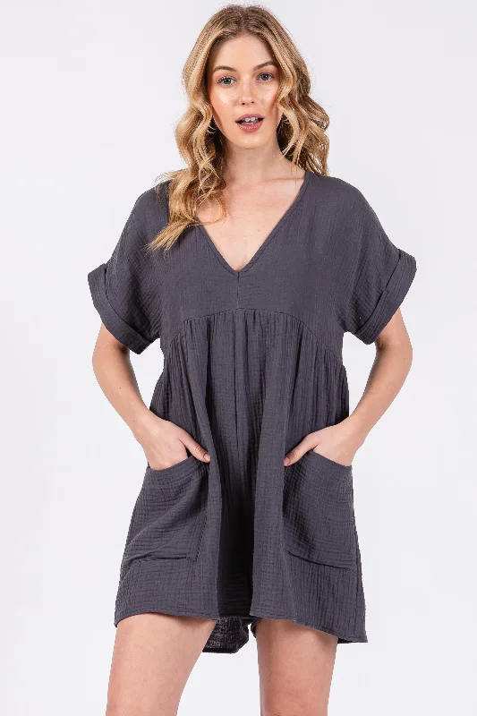 Charcoal Gauze Short Sleeve Romper