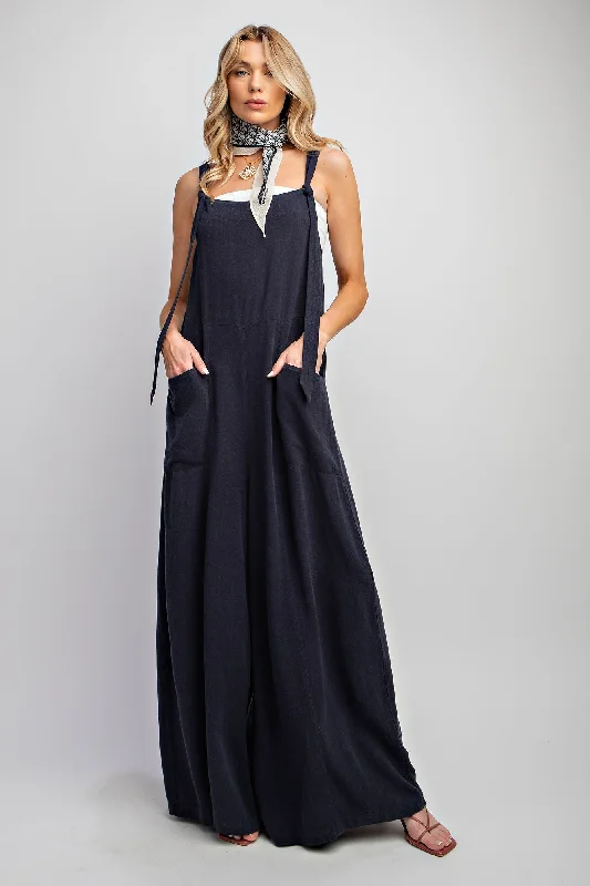 Dark Navy Linen Wide Leg Jumpsuit Pants