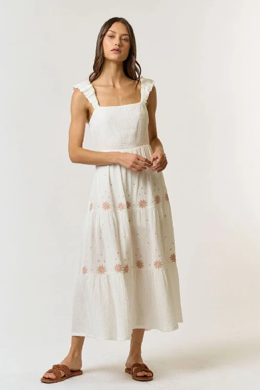 Ivory Cotton Gauze Embroidered Back Cutout Maxi Dress