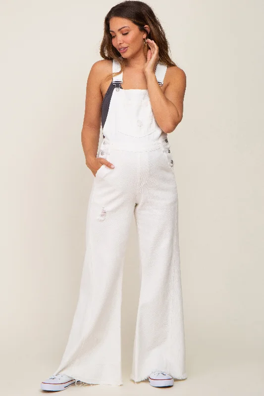 Ivory Denim Distressed Wide Leg Maternity Overalls