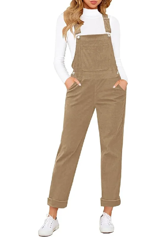 Khaki Womens Overalls Corduroy Bib Adjustable Straps Fashion Jumpsuit Overall for Women with Pocket