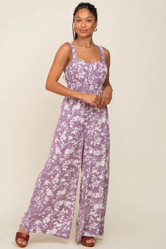 Lavender Floral Sweetheart Neck Jumpsuit