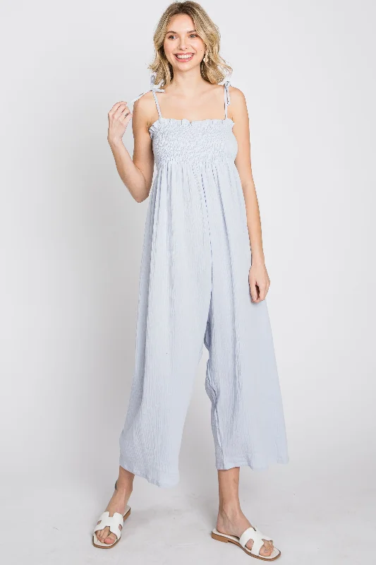 Light Blue Gauze Smocked Tie Strap Jumpsuit