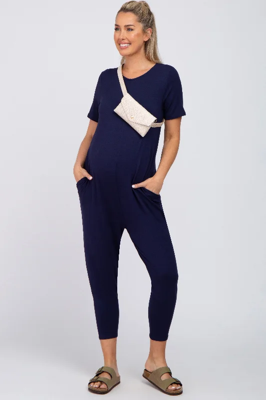 Navy Blue Basic Short Sleeve Maternity Jumpsuit