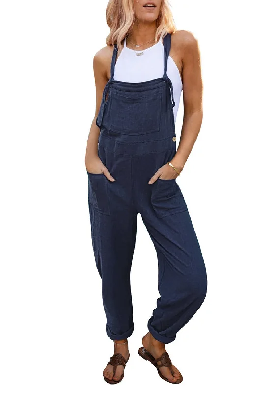 Navy Blue Women's Casual Baggy Linen Overall Summer Pockets Bib Overalls