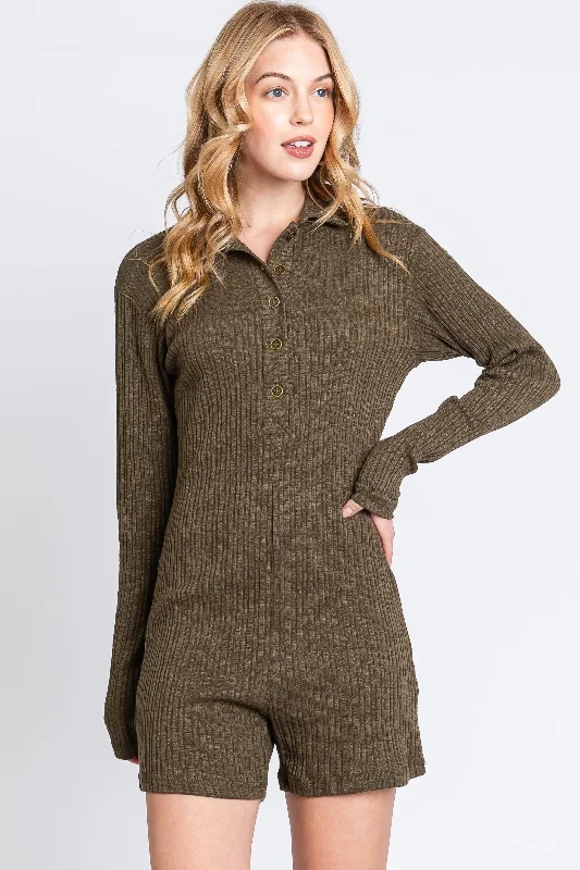 Olive Rib Knit Collared Romper