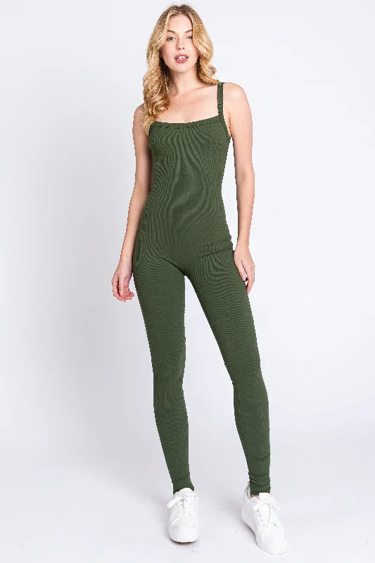 Olive Ribbed Sleeveless Jumpsuit