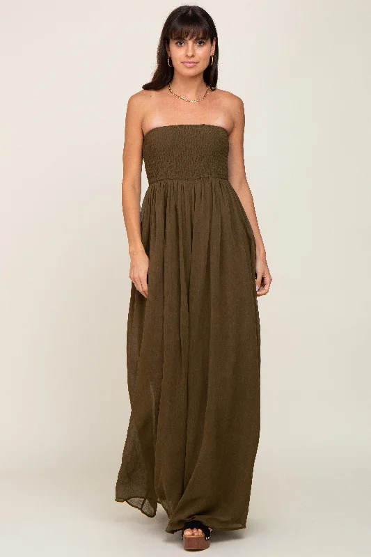 Olive Smocked Strapless Wide Leg Jumpsuit