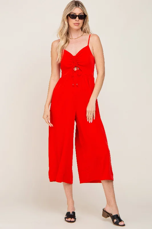 Red Sleeveless Ruched Drawstring Jumpsuit